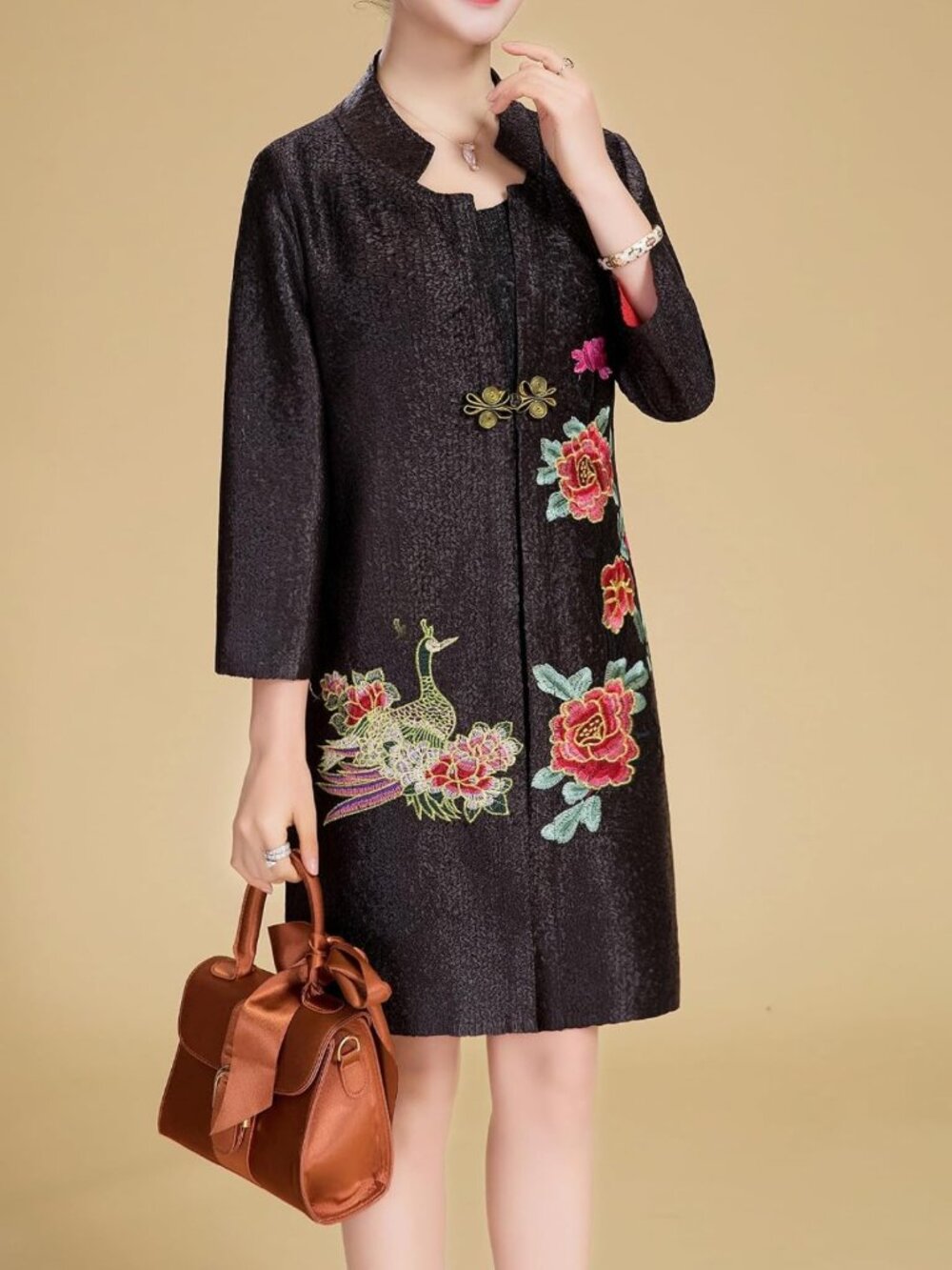Stylish Women's Crinkled Mandarin Duck Floral Embroidery One Button Blazer - Picture 5 of 6